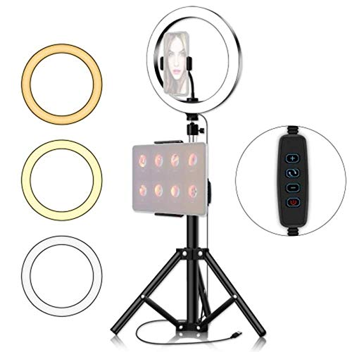 26 cm 3 colori 10 livelli Luce dimmerabile anello illuminante per il trucco con supporto per treppiede e telefono Supporto per tablet Scrivania Anello per Luce 10 pollici