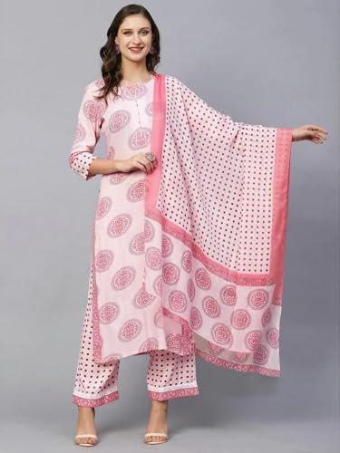 Tee Projekt Women's Cotton Blend Sweetheart Neck Straight Kurta Pant With Dupatta Set Ll Straight Kurta Set Ll Printed Kurta Set Pink