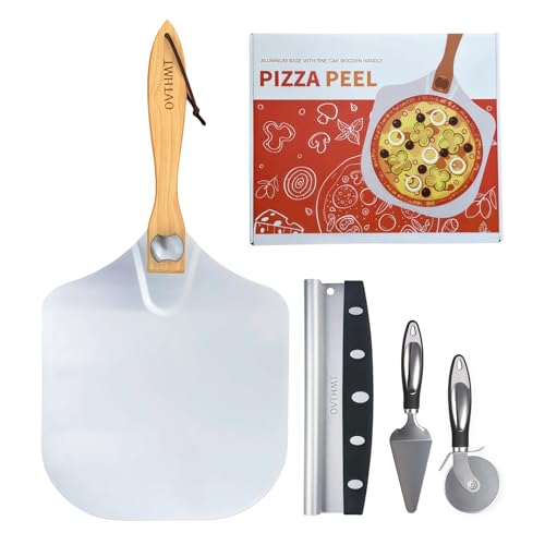 OVTHMT Pizza Oven Accessories 4 PCS, Pizza Kit, Aluminum Pizza Paddle with Foldable Wood Handle, Pizza Cutter, Rocker Blade, Cutter Wheel, Pizza Server, Pizza Peel Set, Pizza Tools
