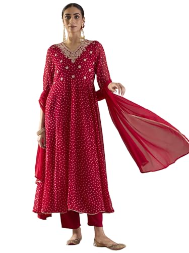 Image of INDO ERA Women's Georgette Floral Embroidered A-Line Kurta & Pant with Dupatta Set