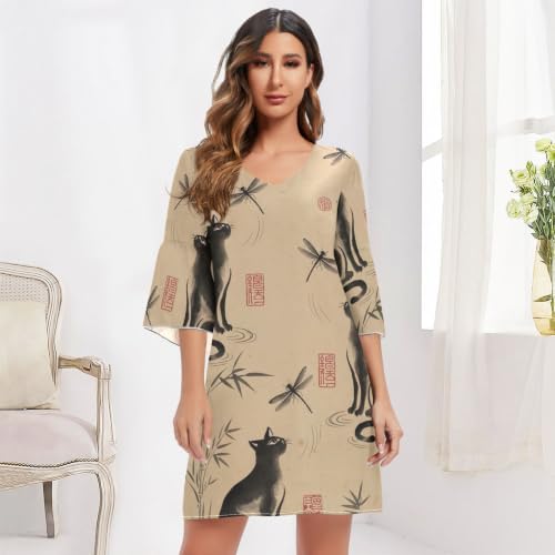Robe d'été chat noir chic en tissu fluide avec col en V raffiné - 6