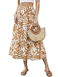 SEAFORM Women's Boho Floral Print Midi Skirt A-Line Elastic High Waist Flowy Long Skirts Casual Summer Beach Vacation Skirt Khaki