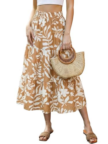 SEAFORM Women's Boho Floral Print Midi Skirt A-Line Elastic High Waist Flowy Long Skirts Casual Summer Beach Vacation Skirt Khaki