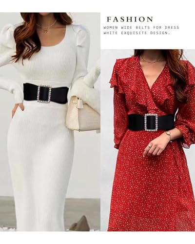 Black Elastic Waist Belts for Dresses Rhinestone Buckle Belt for Women Pearl Wide Elastic Waist Belts4