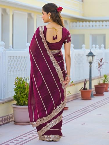 Image of Satrani Women's Shimmer Chiffon Scalloped Border Sequins Embroidery Saree with Unstitched Blouse Piece