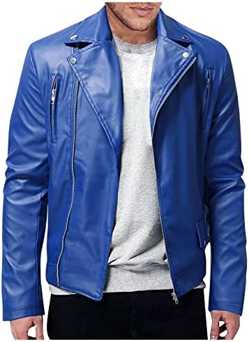 WENKOMG1 Men Faux Leather Jacket, Fall/Winter Thickening Coat Long Sleeve Zip Up Outwear Sports Basic Parka with Pocket Solid Color Loose Turtleneck Anoraks Motorcycle Jacket(F-Blue,5X-Large)