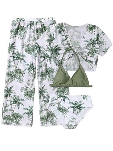 Image of Girl's 4 Piece Set Coconut Tree Print Criss Cross Bikini Sets Bathing Suit Green 140