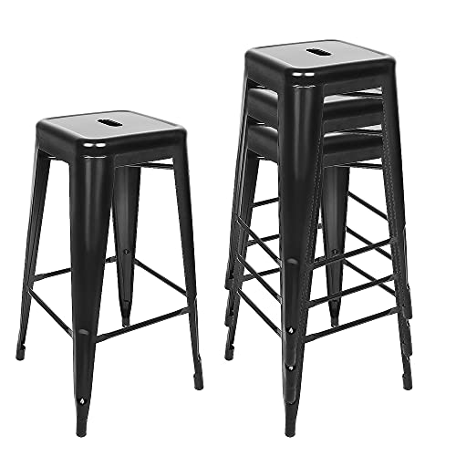 TUITUI Juego de 4 Taburetes de Bar Industriales, Taburetes Altos de Cocina Industrial, Silla Alta de Metal, Taburete Alto Apilable con Reposapiés, Altura de Asiento 76 cm Negro