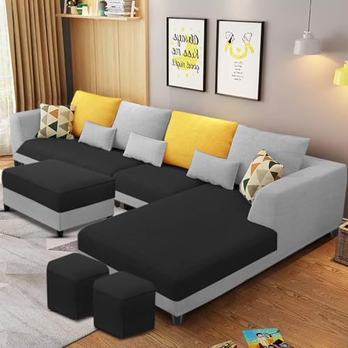 Image of Galib RHS 8 Seater L Shape Sofa Set for Living Room (Black Grey Fabric) Premium Fabric Sofa