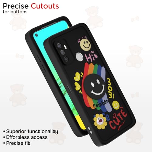 Image of Pikkme Back Cover for Oppo A53 | Soft Silicone| Cute Rainbow Smile & 3D Cartoon Flower Design | Shockproof Raised Camera Protection Bumper Case (Black)