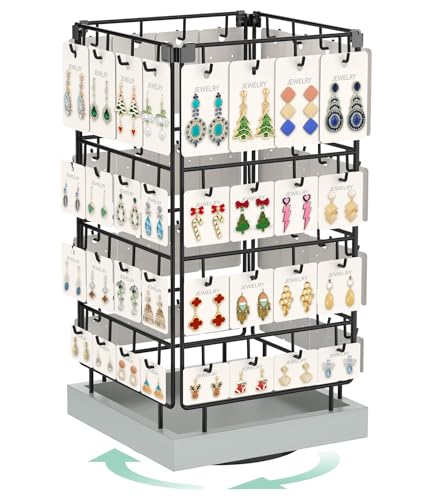 Image of EsLuker.ly Rotating Earring Display Holder Stand for Vendors Events Selling, Large Capacity 64 Hooks Jewelry Rack with Wooden Base for Earring Card Sales, Enhances Retail Visibility (Light Grey)