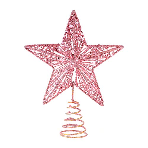 Amosfun Christmas Tree Topper 10 Inch Pink Glitter Star with Metal Hollow Design Wire Star Treetop for Holiday Christmas Home Decoration