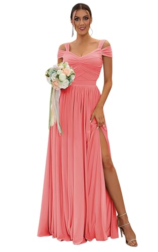 Image of SOLODISH Off The Shoulder Bridesmaid Dresses Long Chiffon Formal Evening Dresses for Women