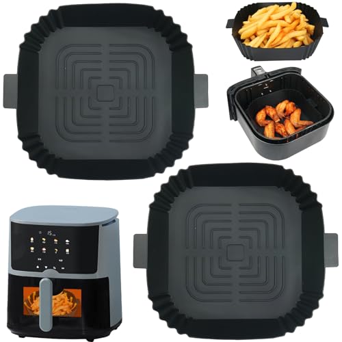 GINOYA 2PCS Air Fryer Liners for Tefal, 8 inch Square Silicone Air Fryer Accessories for 3.5L-5.5L COSORI Tower FABULETTA Philips Gourmia Air Fryer(Inner 6.5Inch, Black)
