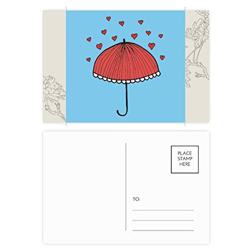 Carte postale fleur parapluie rouge et cœur dentelle, lot 20 cartes remerciement multicolores