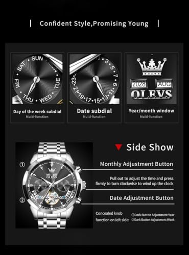 Image of OLEVS Automatic Self Winding Men's Wrist Watch Skeleton Stainless Steel Calendar Chronograph Waterproof Luminous Luxury Gift Branded Watch for Man