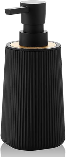 Dispensador de jabón pequeño para baño y cocina, dispensador de jabón de manos de plástico moderno estilo granja a rayas con decoración de bambú,