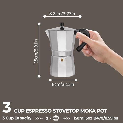 Image of Aluminum 3 Cup 150ml Moka Pot Express Coffee Maker Stovetop Espresso Percolator Coffeemaker Italian Classic Style Brewing Greca Cafe Mocha Machine for Cafeteras Lover Camping Travel and Home Use 5oz