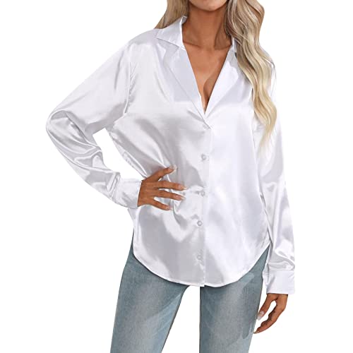 Nantdog 2024,Prime+Deals October 11-12,My+Orders, Womens Soft Satin Silk Button Down Shirts for Women Silky Long Sleeve Work Shirt Dress Blouses Fall Fashion Tops 2024,White,X-Large