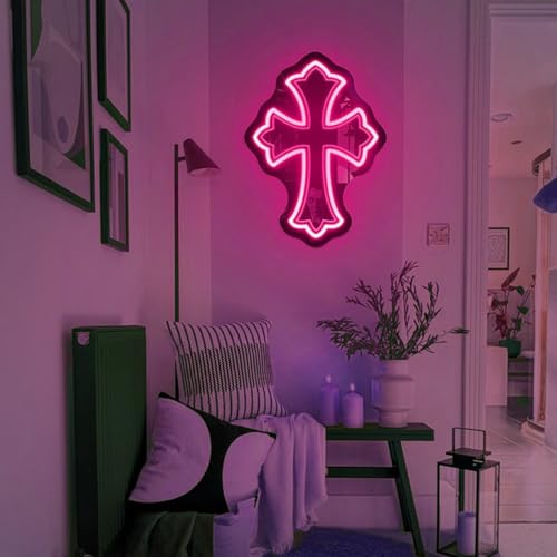 Image of Cross Gothic Y2K Cross Mirror Neon Sign, Birthday Gift, Gothic Wall Decor, Corss Bedroom Mirror Sign, Gift for Friends, Retro Wall Decoration, 16.5 inchx12 inch