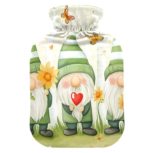 Cheerful Gnome Gathering Hot Water Bottles with Soft Cover Hand Feet Warmer Hot Water Bag for Neck and Shoulder Pain Relief, 2 Liters