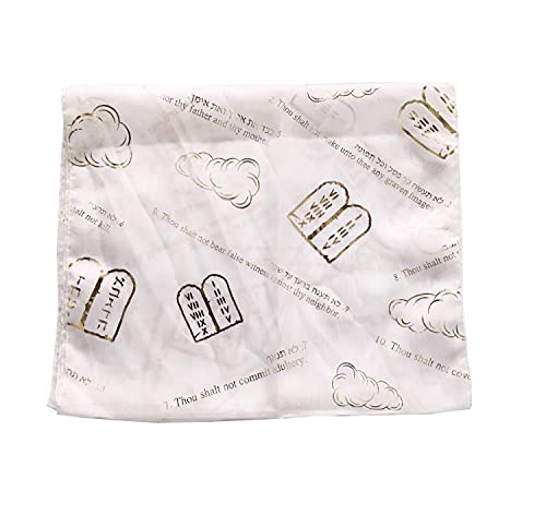 Holy Land Market Christian Church or Prayer Head Scarf or Shawl Cover - 10 Commandments - Model III (60 x 20 inches) (White)
