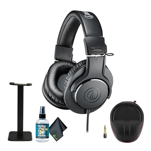 Audio-Technica ATH-M20x Professional Studio Monitor Headphones, Black (AUD ATHM20X) + Microfiber Cleaning Cloth + Headphone Stand + Headphone CASE + Goby Labs Headphone Cleaner 4 fl oz