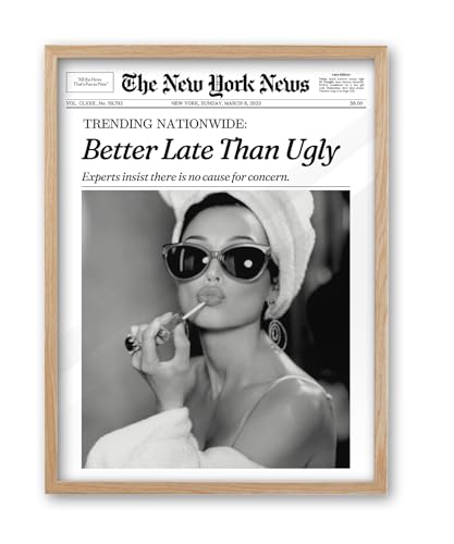 iHery Natural OAK Wood Audrey Hepburn Newspaper Trendy Framed Wall Art, 12x16 in Vintage Headline Canvas Bedroom Wall Decor, Better Late Than Ugly,Bathroom Artwork Apartment Girly Dorm Room 1Pack