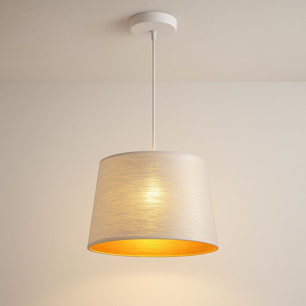 Lampadario a Sospensione con Paralume in Metallo Ø35cm | Attacco E27 max 60W | Altezza Regolabile 140cm | Interno Dorato per Luce Avvolgente | Design Moderno per Cucina, Camera, Ingresso (Bianco)