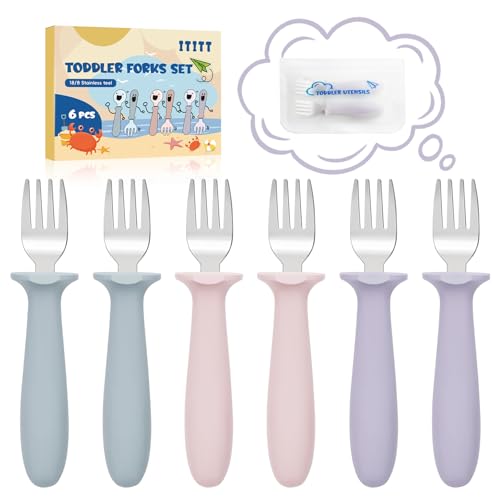6 PCS Toddler Forks Set - Baby Forks with Silicone Handle Children Food Grade 18/8 Stainless Steel Toddler Utensils Set for Self Feeding Kids Silverware Set Safe Anti-Choke Design Dishwasher Safe