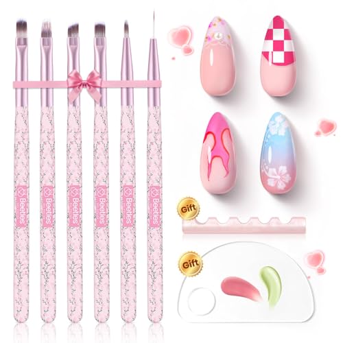 Image of Beetles Gel Polish Nail Art Brushes Set, 6 Pcs Fingernail Art Design Pen, Floral Pattern Handle, Gradient Bristles Nail Brush Set DIY with Palette Dotting Manicure Tool Kit