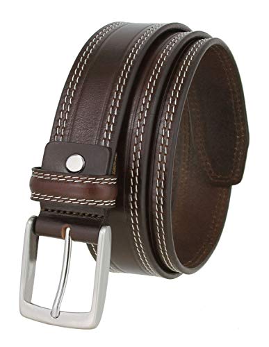 Men's Double White Stitching Smooth Genuine Leather Dress Belt 1-3/8"2