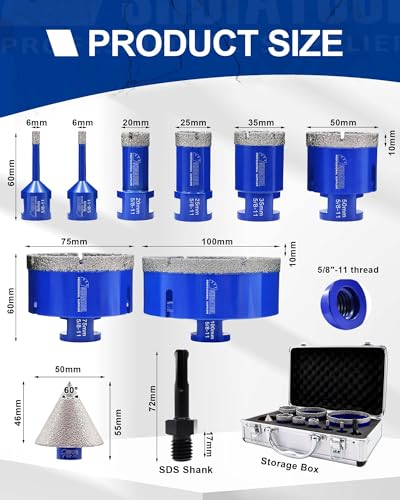 Image of SHDIATOOL Diamond Tile Drill Bits Set,Porcelain Hole Saw, Cutter for Marble Ceramic Granite 10pieces(6 /6 /20 /25 /35 /50 /75 /100mm /2 inch)