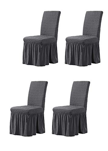 Busamedo Set Of 4 Stretch Universal Dining Room Chair Cover With Skirt Washable Plaid Long Skirt Chair Slipcovers Soft Jacquard Seat Slipcover For Pets Wedding Hotel Banquet Party (4Pcs, Grey) #TOP28