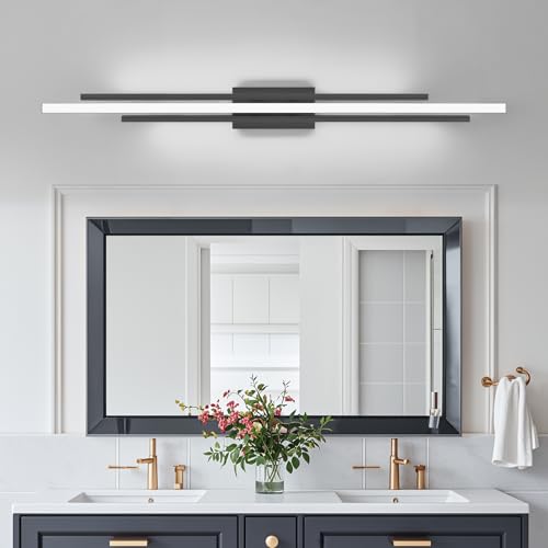 Image of Modern LED Vanity Light 48 Inches Long Black LED Wall Light Over Vanity Mirror Hardwired Wall Mount Lighting Fixture 5CCT(3000K /3800K /4500K /5200K /6000K) Dimmable Bathroom Wall Mount Lighting