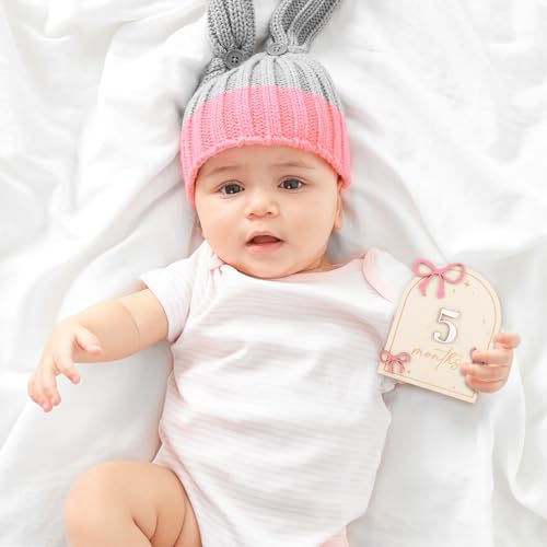 Image of JarThenaAMCS 12Pcs Wooden Baby Monthly Milestone Cards Coquette Pink Bow Marker Discs Announcement Sign Newborn Photo Props for Pregnancy Baby Shower Party Favors