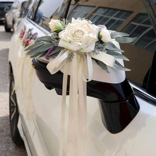 Wvu & Wvo 2 Stück Hochzeit Autoschmuck, Hochzeit Autoschleifen, Vintage Hochzeits Künstliche Blume mit Saugnäpfen für Auto Rückspiegel (Milchig...