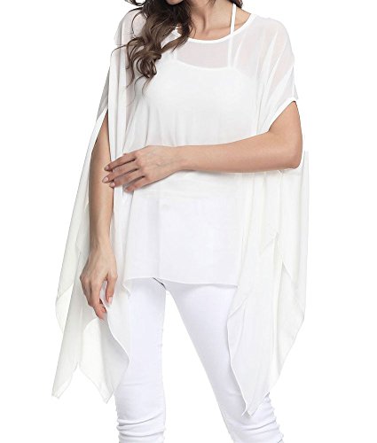 Rokou Women's Floral Batwing Sleeve Beach Loose Bohemian Chiffon Blouse Tunic Tops White