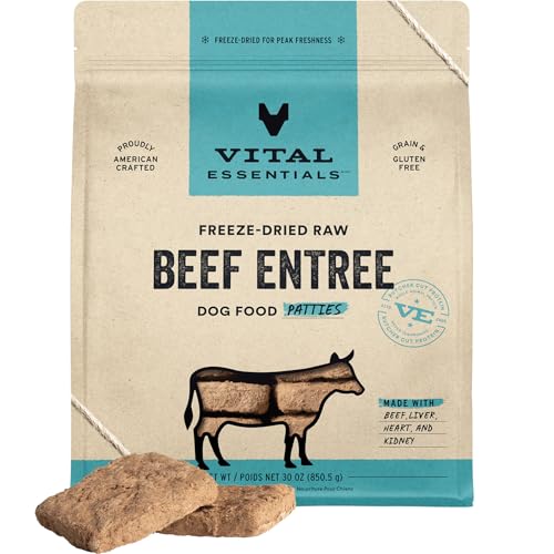 Image of Vital Essentials Freeze Dried Dog Food, Beef Patties, 30 oz Bag | Soft, Complete Meal or Topper, Made With 98% Beef, Organs & Bone, High Protein Raw Nutrition, Grain-Free Recipe
