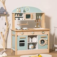 ROBOTIME Kids Kitchen Wooden Play Kitchen Playset with Cooking Utensil Toys, Pretend Role Play Toys Kitchen for Girls Boys Ages 3+ (Blue)