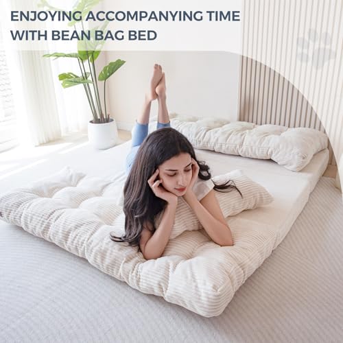 Image of MAXYOYO Folding Sofa Bed, Tufted Bean Bag Bed with Pillows Floor Couch for Adults, Extra Thick and Long Floor Sofa, Twin Floor Couch Bed for Bedroom Living Room, Beige, 39x91 Inch