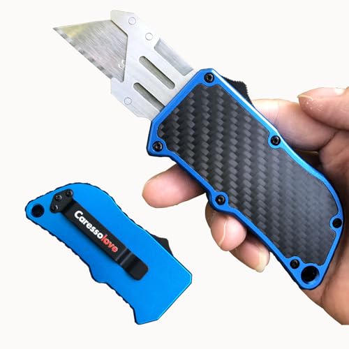 Image of Caressolove Automatic Utility Knife, Green Razor Blades Pocket Knife, Box Cutters Retractable Heavy Duty, Premium Safety Push Button Knife with 5PCS Blades (Blue)