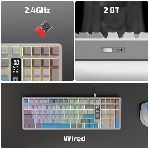 Image of iBall QWERTY S500 Wireless Keyboard, Mech Membrane Keys, 99-Key Layout, Dual BT + 2.4GHz + Wired, RGB Backlit, Smart Display, Anti-Ghosting, Compatible with MacOS, Win, iOS & Android (Cement Grey)