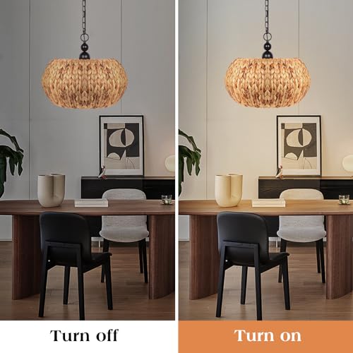 QIHONGLT Farmhouse Rattan Chandelier,19.3'' Boho Chandelier Light Fixture,5-Light Wicker Pendant Light for Dining Room/Living Room/Kitchen Island,E26 Base,Adjustable Height (Black) - Image 5