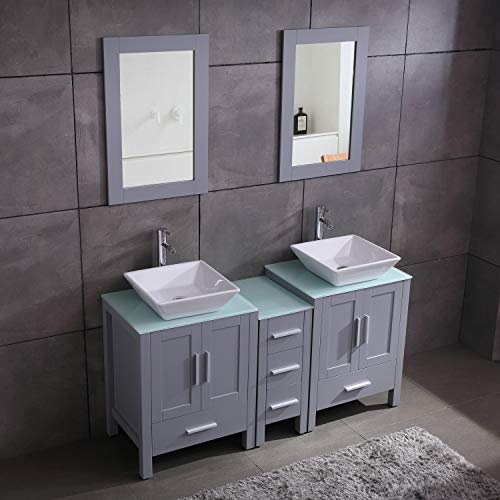 60\" Double Sink Gray Bathroom Vanity Paint MDF Wood Cabinet Glass Top w/Mirror, Faucet&Drain Set