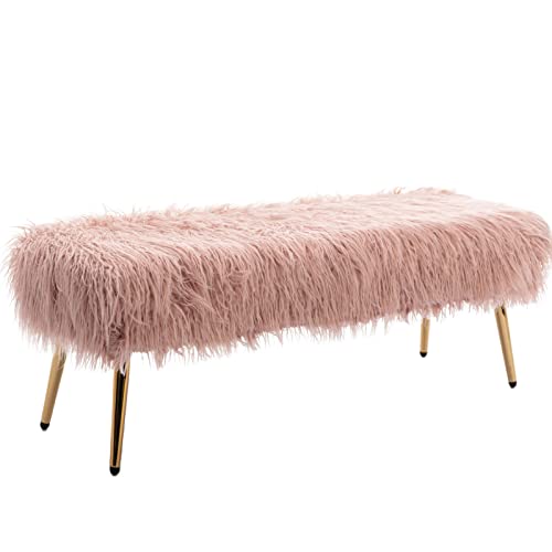 Singoulity Pink Fur Bench For Bedroom, Faux Furry Ottoman Bench, Modern Furniture Vanity Bench For Living Room Bedroom (Pink) #TOP4