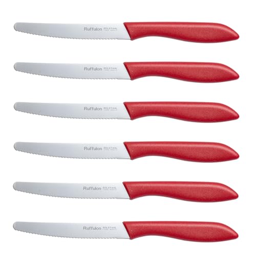Ruffulon 6-Piece Bread Knife Set, Sharp Bread Knife with Serrated Edges, Stainless Steel Breakfast Knife, Plastic Handle Snack Knives, Bread Knife Set, 23 cm Small Kitchen Knives, red