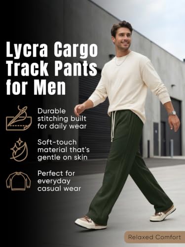 Image of GRECIILOOKS Men Mid Rise Lycra Cargo Track Pants Loose Fit Joggers | Korean Style Travel & Lounge Wear with Pockets