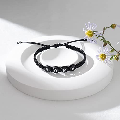 Image of Braided Rope Bracelet Adjustable Jewelry for Family Sisters Mom Grandma BFF | Adjustable black woven rope bracelets with personalized letter engraving.gifts for family, sisters, grandma & best friends