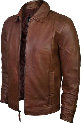 Mens Genuine Waxed Lambskin Leather Wick Jacket - Polo Collar Leather Downtown Moto Jacket